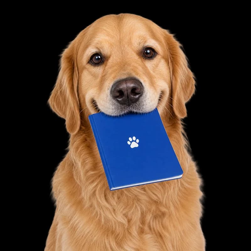 Golden retriever cu un carnet albastru în gură