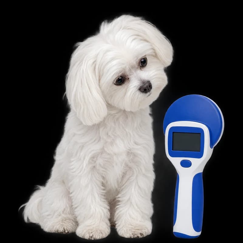 Bichon maltez alb lângă un cititor de microcip alb cu albastru