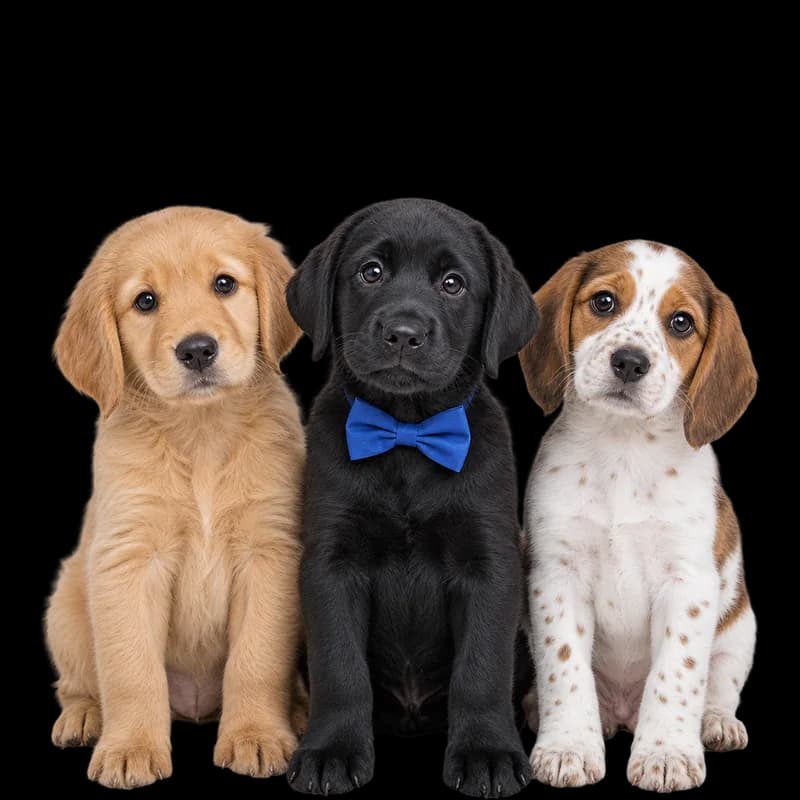 Trei căței: un golden retriever, un labrador negru cu papion albastru și un cățel alb cu pete maro