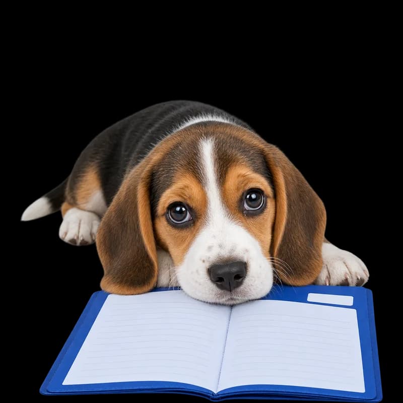 Pui de beagle cu bărbia pe un carnet albastru deschis