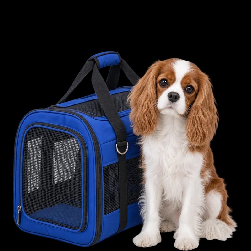Cavalier King Charles lângă o geantă de transport albastră