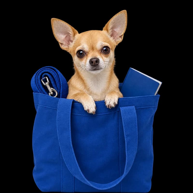 Chihuahua care se uită dintr-o geantă albastră, lângă lesă și un carnet