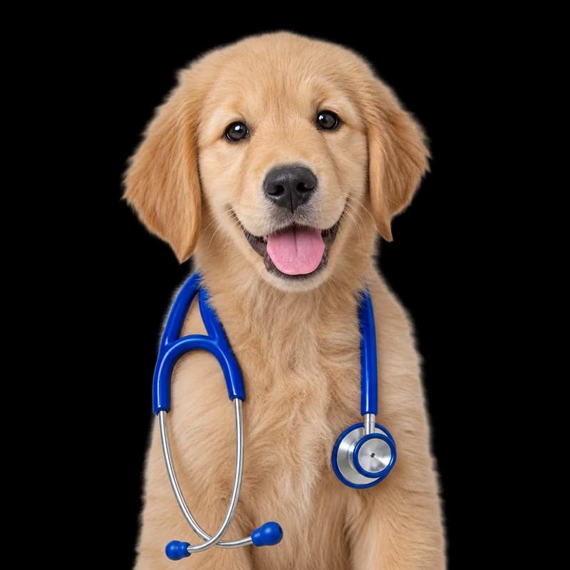 Pui de golden retriever cu un stetoscop albastru la gât