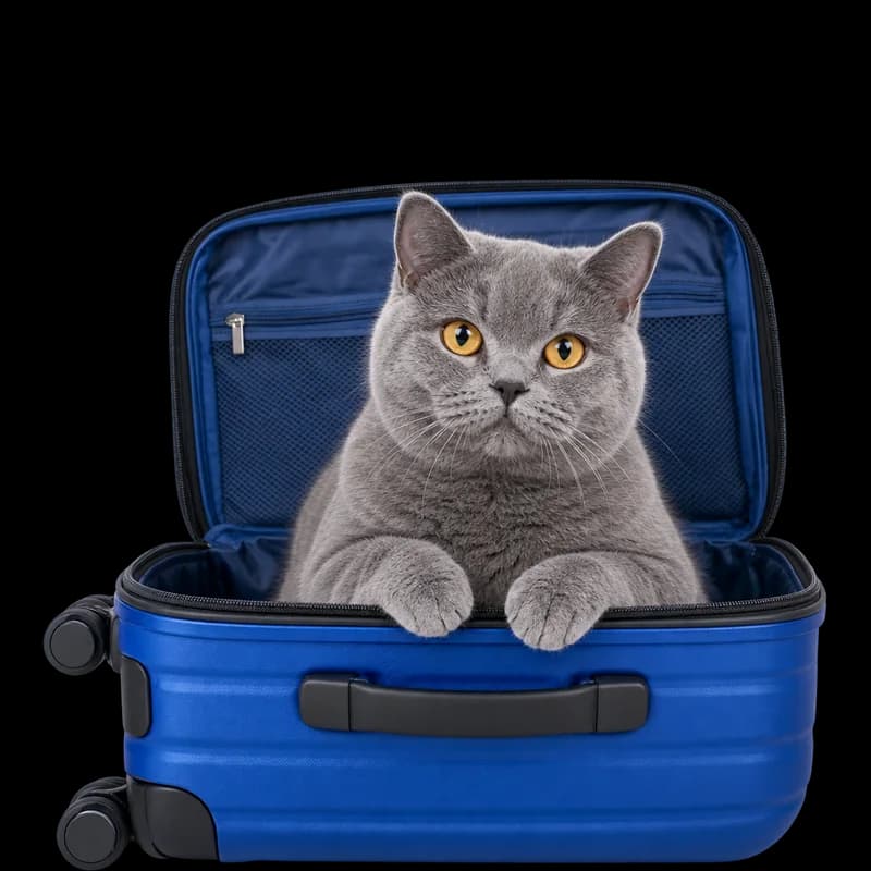 Pisică british shorthair gri într-o valiză albastră deschisă