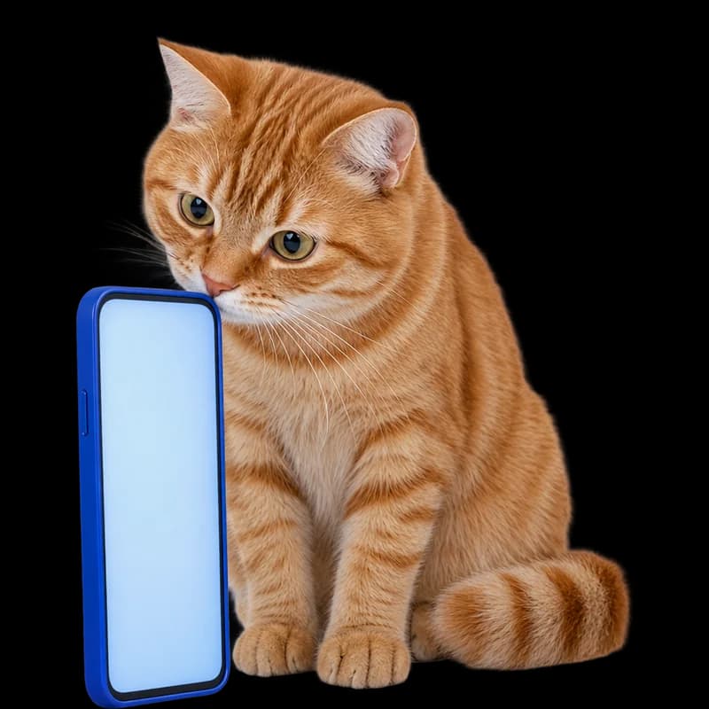 Pisică roșcată care adulmecă un telefon cu husă albastră