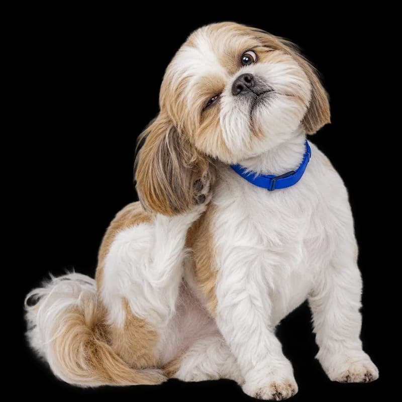 Shih tzu alb cu auriu care se scarpină după ureche