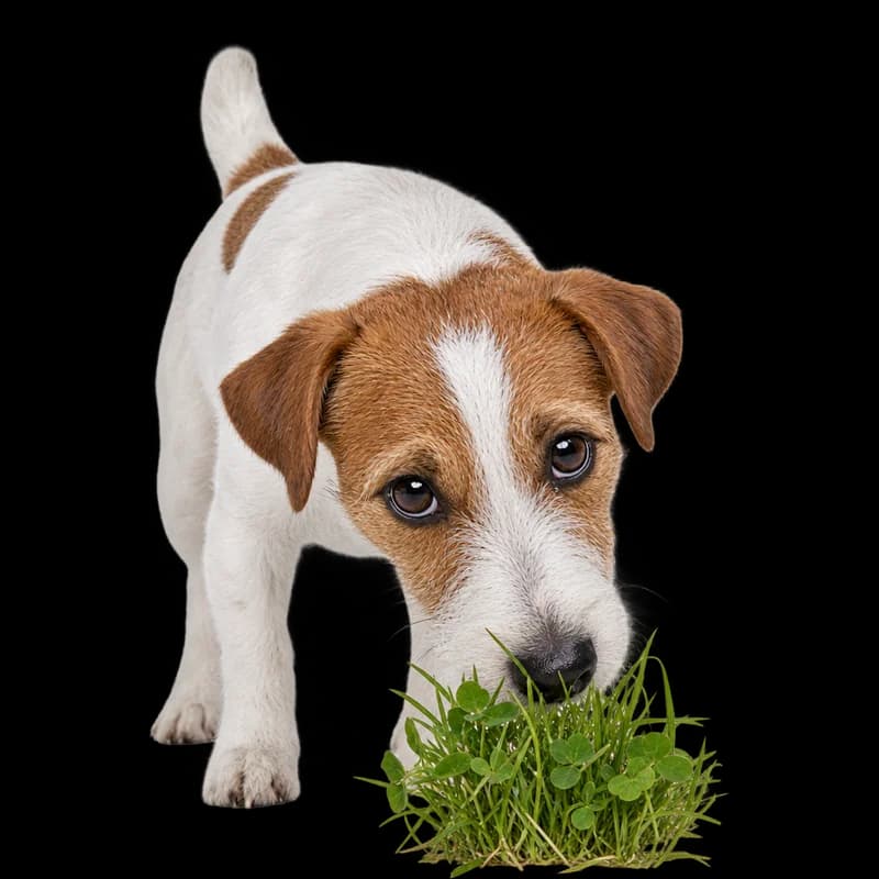 Jack Russell terrier care adulmecă un smoc de iarbă