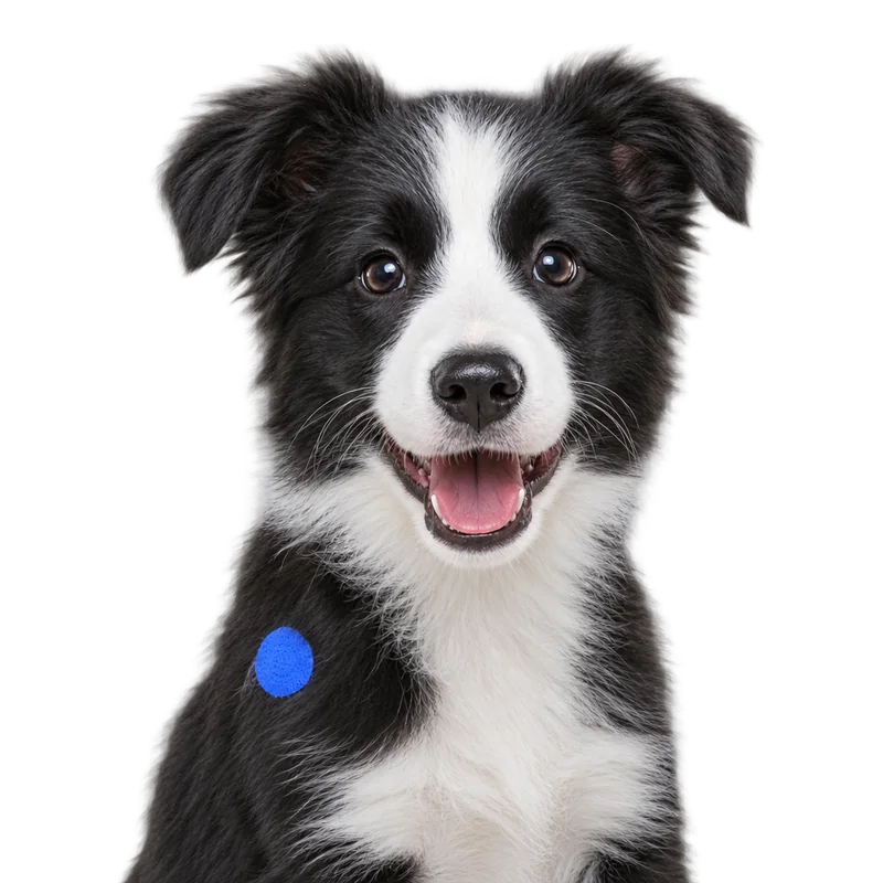 Pui de border collie alb cu negru, cu un plasture albastru pe umăr