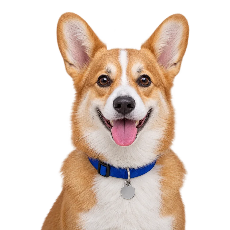 Corgi zâmbitor, cu zgardă albastră și medalion rotund